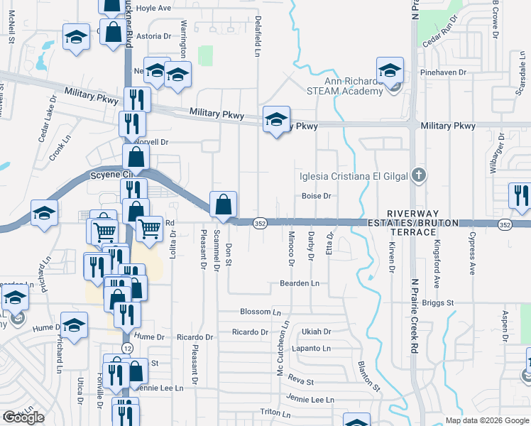 map of restaurants, bars, coffee shops, grocery stores, and more near 3111 Delafield Lane in Dallas