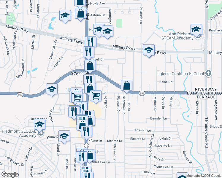 map of restaurants, bars, coffee shops, grocery stores, and more near 3210 South Buckner Boulevard in Dallas