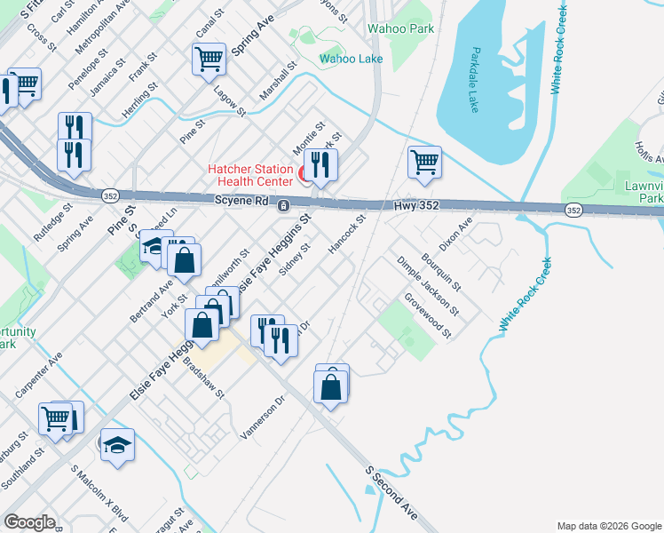 map of restaurants, bars, coffee shops, grocery stores, and more near 4904 Racell Street in Dallas