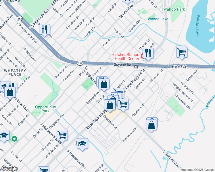 map of restaurants, bars, coffee shops, grocery stores, and more near 3521 Bertrand Avenue in Dallas