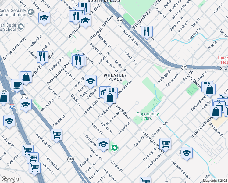 map of restaurants, bars, coffee shops, grocery stores, and more near 2843 Casey Street in Dallas