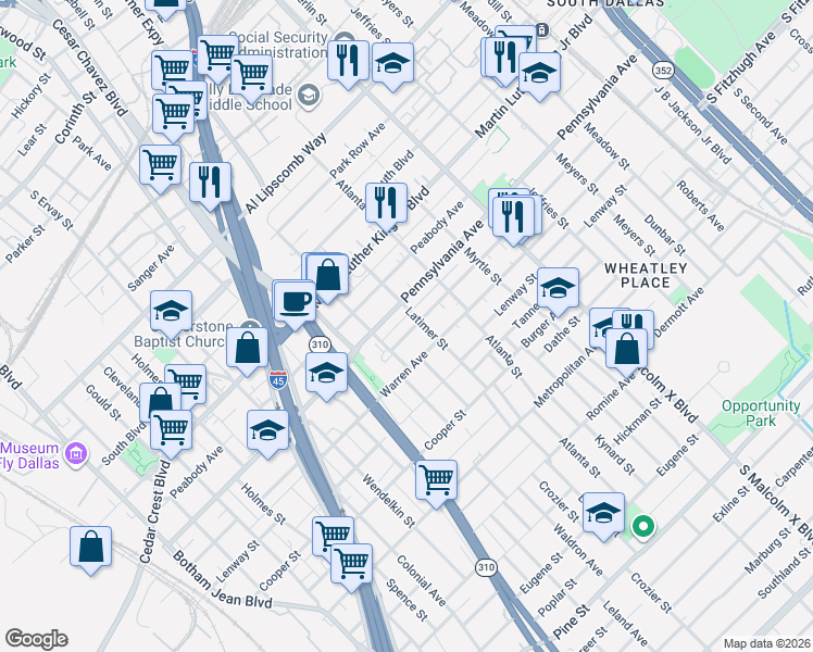 map of restaurants, bars, coffee shops, grocery stores, and more near 2505 Birmingham Avenue in Dallas