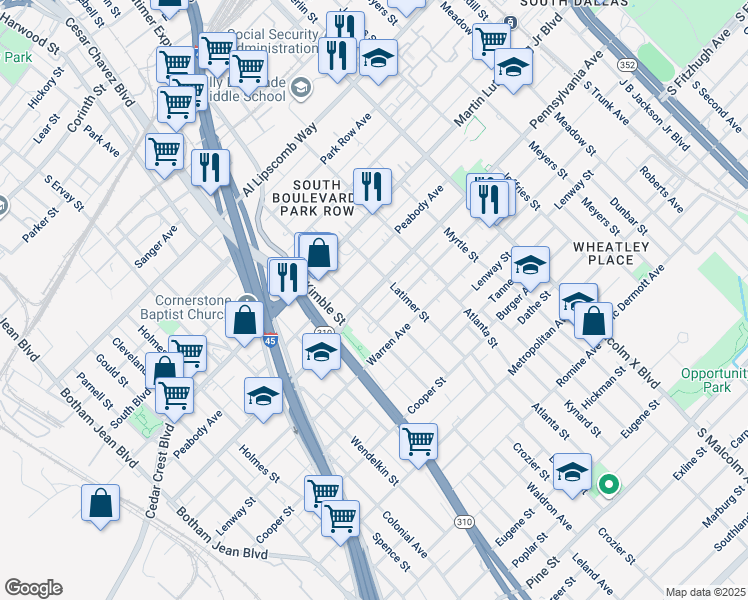 map of restaurants, bars, coffee shops, grocery stores, and more near 2421 Pennsylvania Avenue in Dallas
