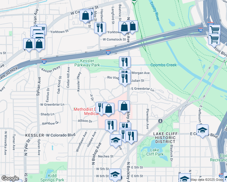 map of restaurants, bars, coffee shops, grocery stores, and more near 1654 Handley Drive in Dallas