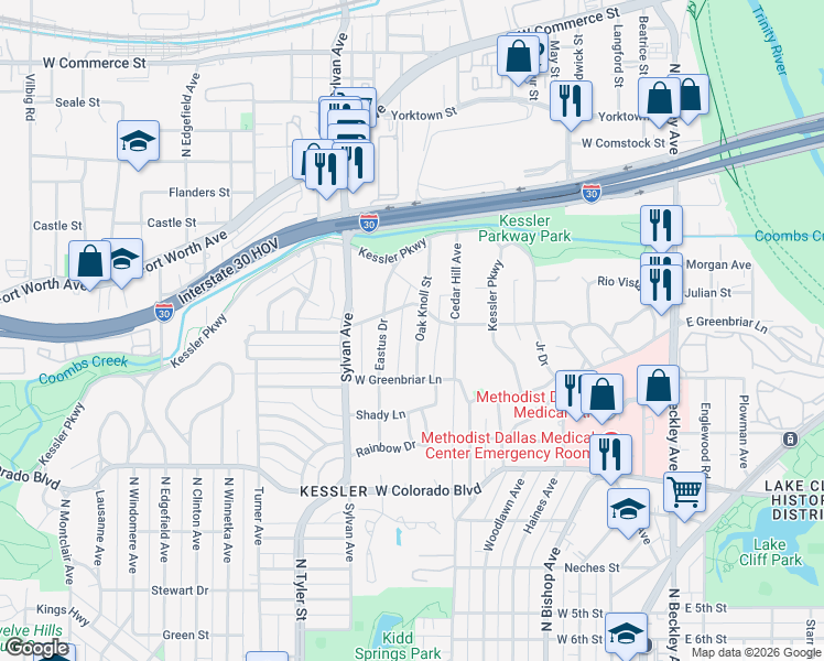 map of restaurants, bars, coffee shops, grocery stores, and more near 1600 Evergreen Hills Road in Dallas