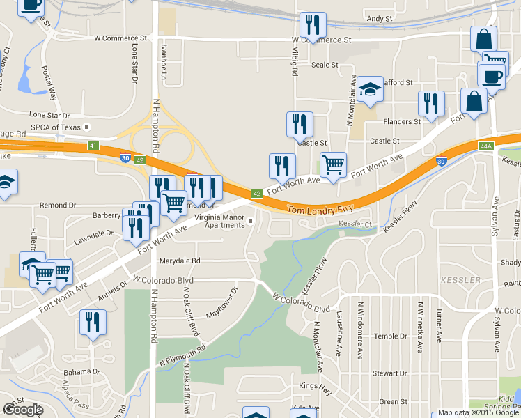 map of restaurants, bars, coffee shops, grocery stores, and more near 1900 Fort Worth Avenue in Dallas