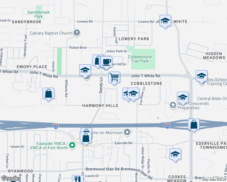 map of restaurants, bars, coffee shops, grocery stores, and more near 1016 Fairweather Drive in Fort Worth