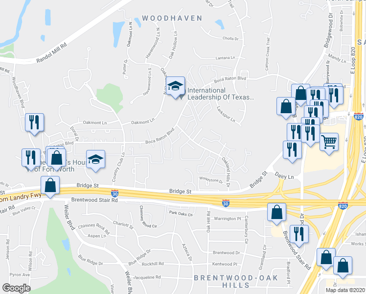 map of restaurants, bars, coffee shops, grocery stores, and more near 5850 Goldenwood Drive in Fort Worth