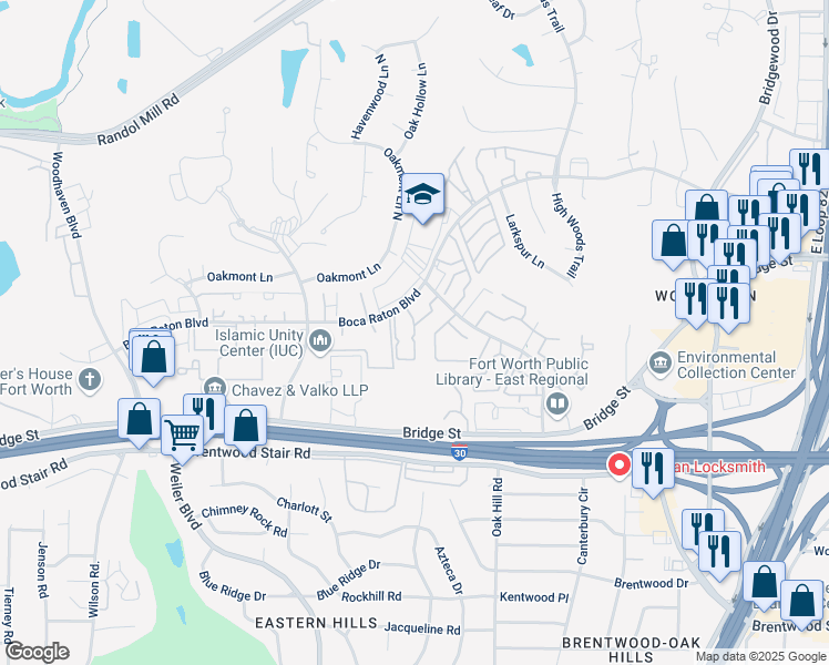 map of restaurants, bars, coffee shops, grocery stores, and more near 5850 Goldenwood Drive in Fort Worth