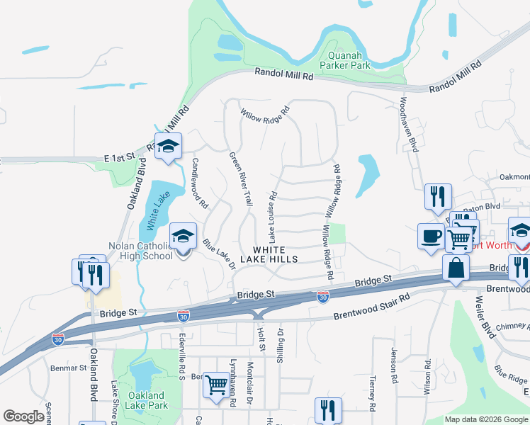 map of restaurants, bars, coffee shops, grocery stores, and more near 4858 Marble Falls Court in Fort Worth
