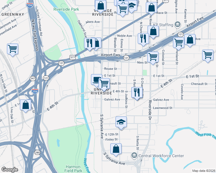 map of restaurants, bars, coffee shops, grocery stores, and more near 120 Paradise Street in Fort Worth