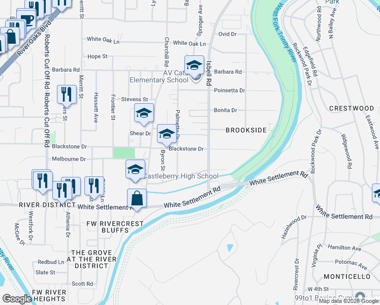 map of restaurants, bars, coffee shops, grocery stores, and more near 4524 Blackstone Drive in Fort Worth