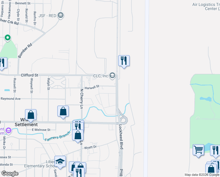 map of restaurants, bars, coffee shops, grocery stores, and more near 7628 Harwell Street in White Settlement