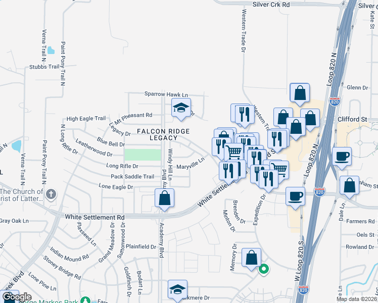 map of restaurants, bars, coffee shops, grocery stores, and more near 9708 Westmere Lane in Fort Worth