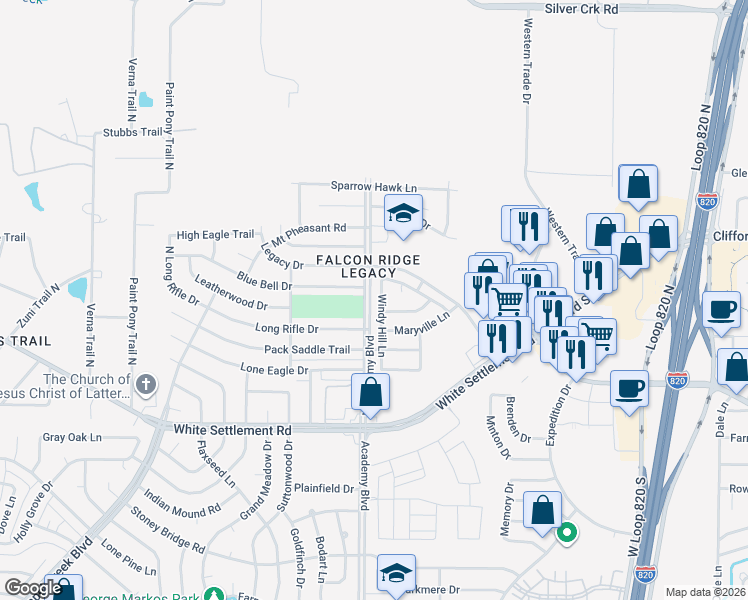 map of restaurants, bars, coffee shops, grocery stores, and more near 9900 Blue Bell Drive in Fort Worth