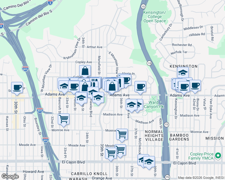 map of restaurants, bars, coffee shops, grocery stores, and more near 4720 Wilson Avenue in San Diego