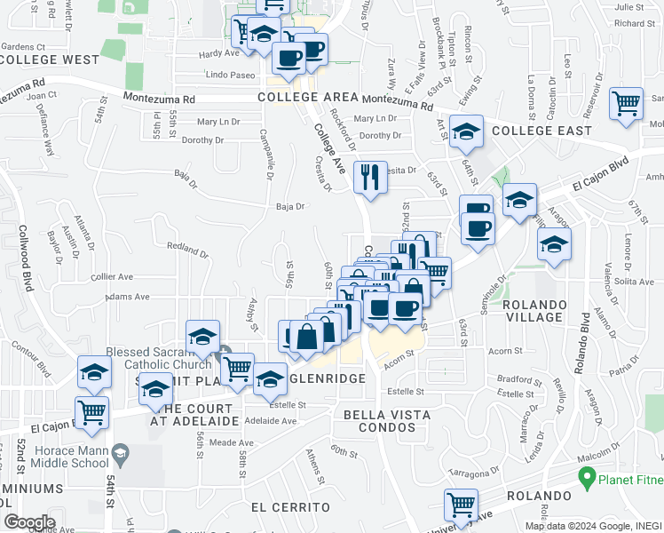 map of restaurants, bars, coffee shops, grocery stores, and more near 4743 60th Street in San Diego
