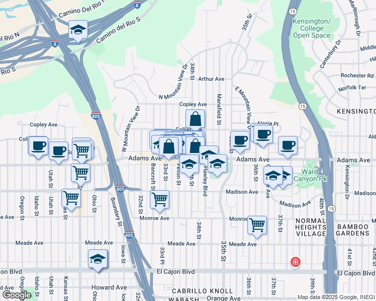 map of restaurants, bars, coffee shops, grocery stores, and more near 4720 34th Street in San Diego