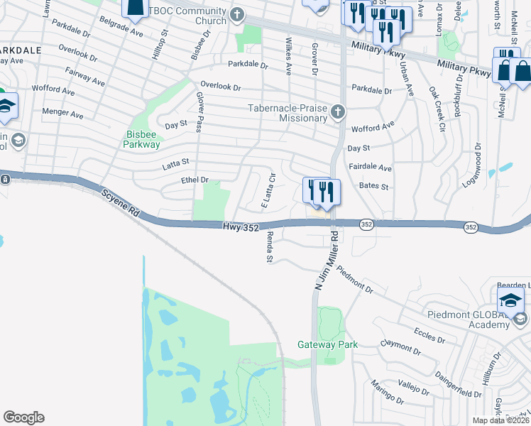 map of restaurants, bars, coffee shops, grocery stores, and more near Timothy Drive in Dallas