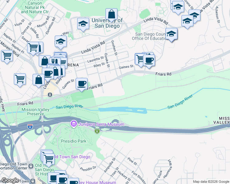map of restaurants, bars, coffee shops, grocery stores, and more near 5865 Friars Road in San Diego