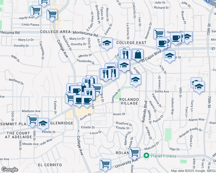 map of restaurants, bars, coffee shops, grocery stores, and more near 6360 El Cajon Boulevard in San Diego