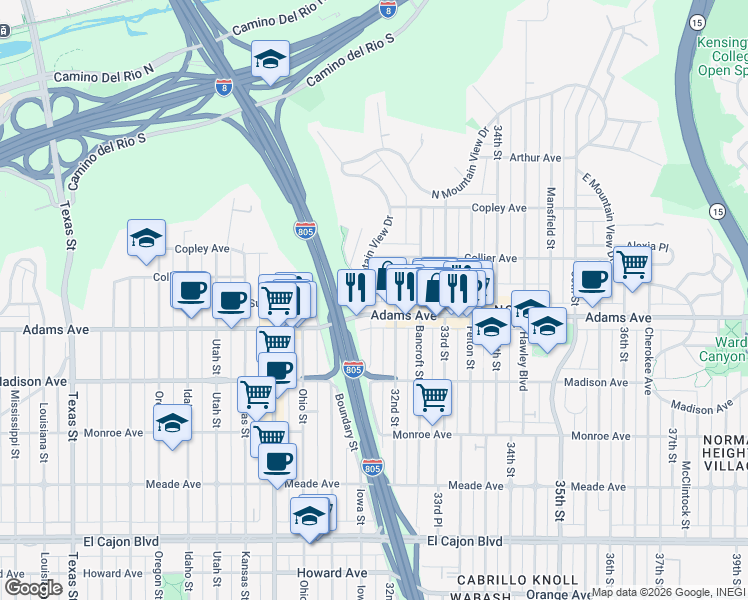 map of restaurants, bars, coffee shops, grocery stores, and more near 4757 West Mountain View Drive in San Diego