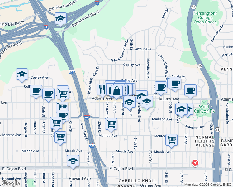 map of restaurants, bars, coffee shops, grocery stores, and more near 4717 33rd Street in San Diego