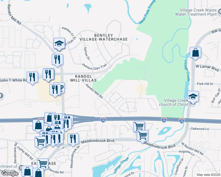 map of restaurants, bars, coffee shops, grocery stores, and more near 8801 Creek Run Road in Fort Worth