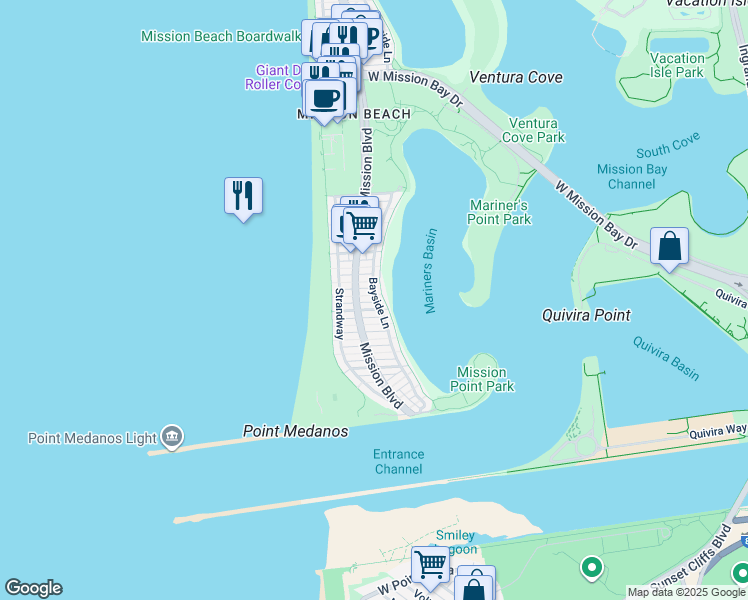 map of restaurants, bars, coffee shops, grocery stores, and more near 2820 Bayside Walk in San Diego