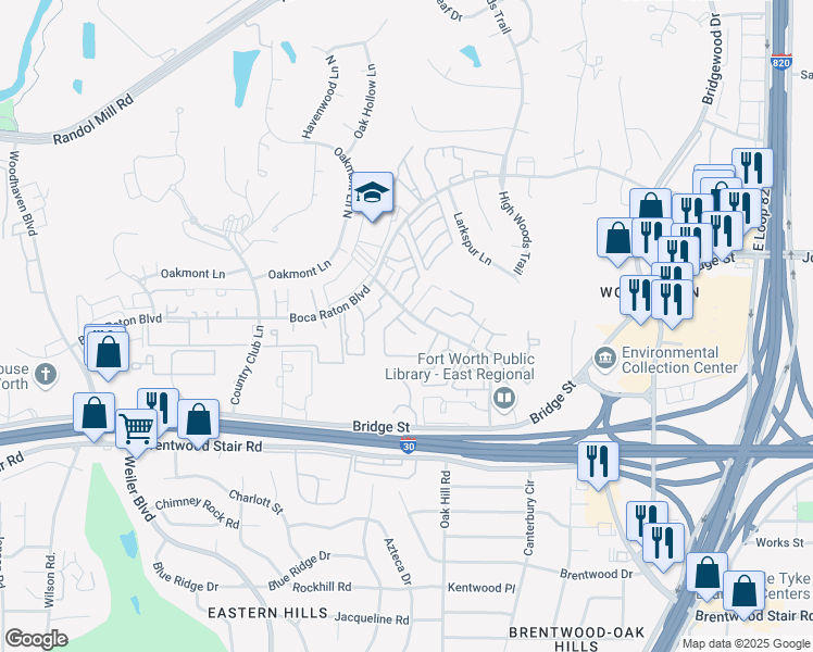 map of restaurants, bars, coffee shops, grocery stores, and more near 5950 Baymort Court in Fort Worth