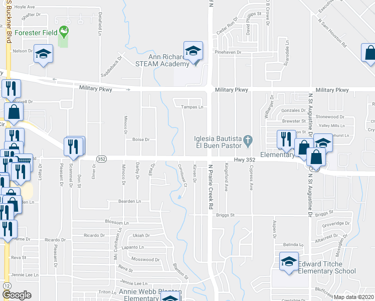 map of restaurants, bars, coffee shops, grocery stores, and more near 3026 Dusty Oak Drive in Dallas
