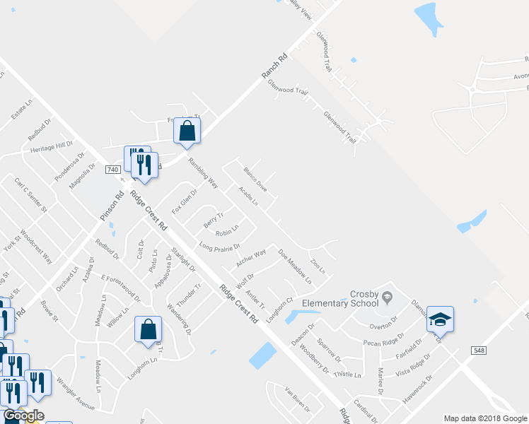 map of restaurants, bars, coffee shops, grocery stores, and more near Acadia Lane in Forney