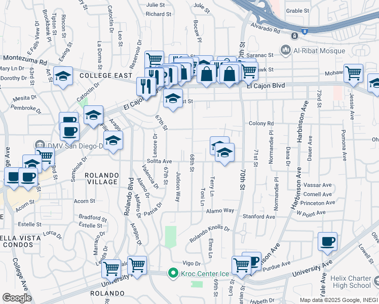 map of restaurants, bars, coffee shops, grocery stores, and more near 4741 68th Street in La Mesa