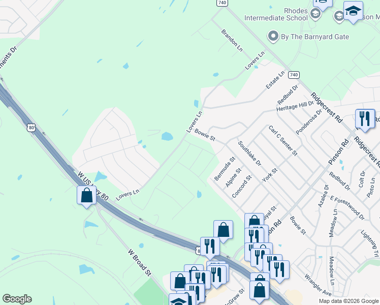 map of restaurants, bars, coffee shops, grocery stores, and more near 717 Bowie Street in Forney