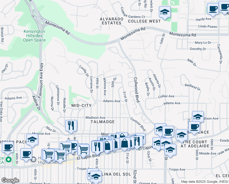 map of restaurants, bars, coffee shops, grocery stores, and more near 4770 50th Street in San Diego