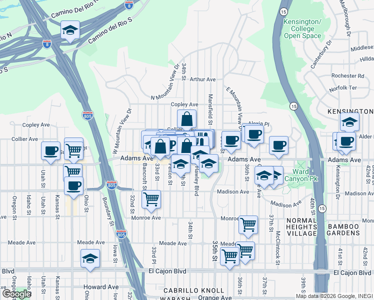 map of restaurants, bars, coffee shops, grocery stores, and more near 4752 Hawley Boulevard in San Diego