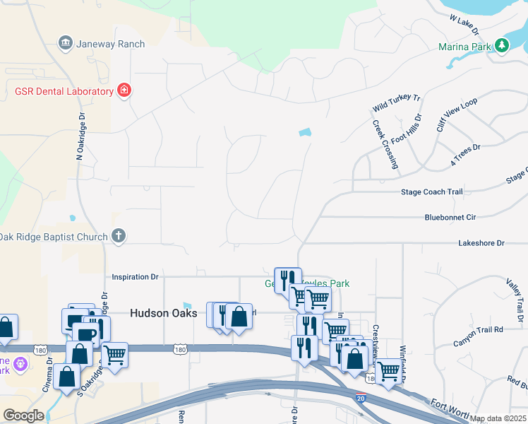 map of restaurants, bars, coffee shops, grocery stores, and more near 208 Timber Trail in Weatherford