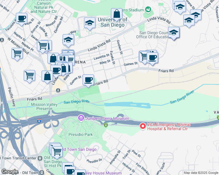 map of restaurants, bars, coffee shops, grocery stores, and more near 5705 Friars Road in San Diego