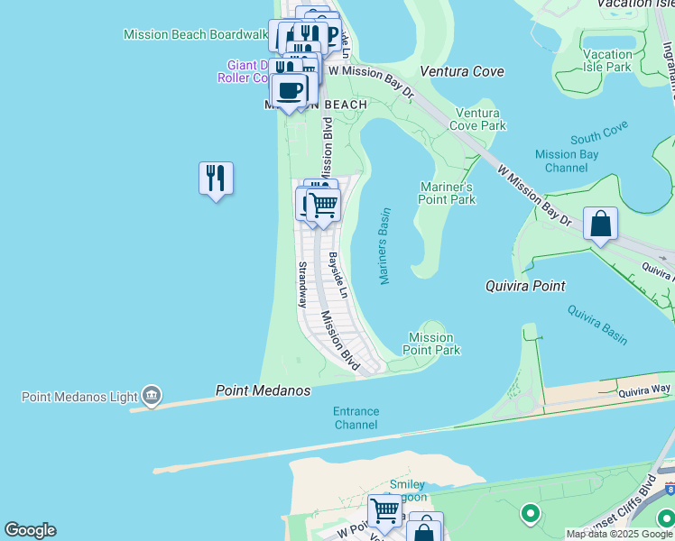 map of restaurants, bars, coffee shops, grocery stores, and more near 2820 Bayside Walk in San Diego