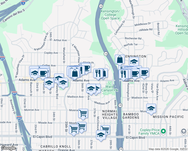 map of restaurants, bars, coffee shops, grocery stores, and more near 3819 Belmont Avenue in San Diego