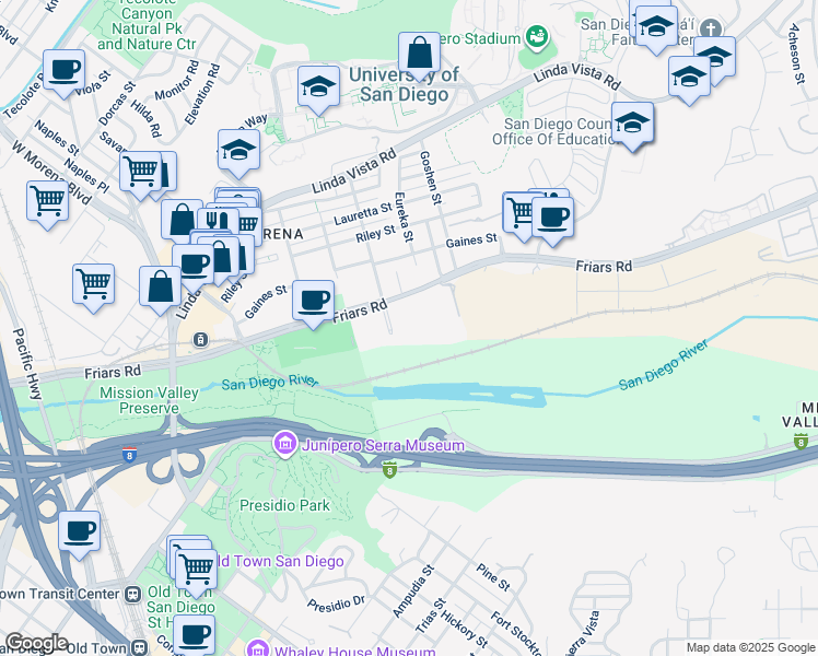 map of restaurants, bars, coffee shops, grocery stores, and more near 5765 Friars Road in San Diego