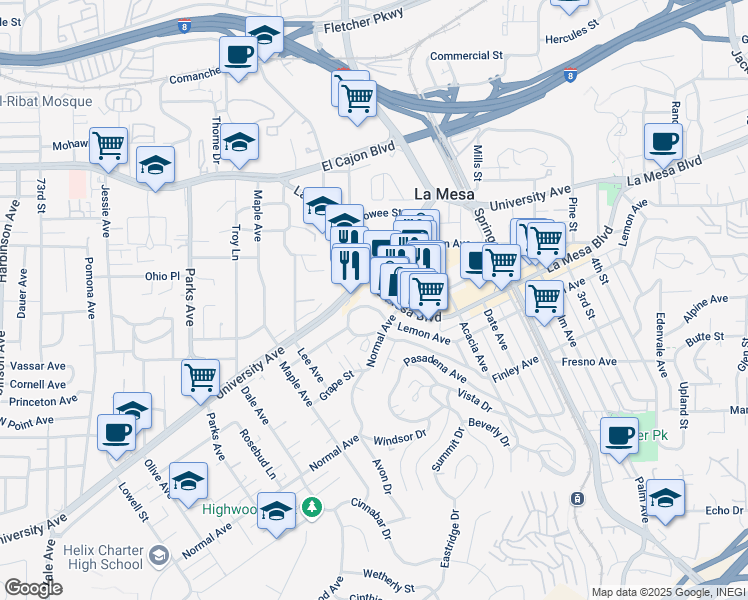 map of restaurants, bars, coffee shops, grocery stores, and more near 7966 La Mesa Boulevard in La Mesa