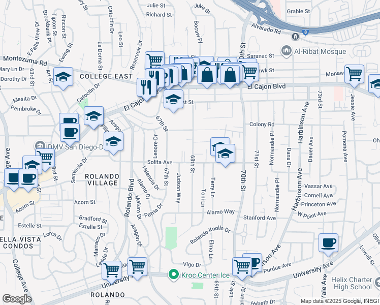 map of restaurants, bars, coffee shops, grocery stores, and more near 4741 68th Street in La Mesa