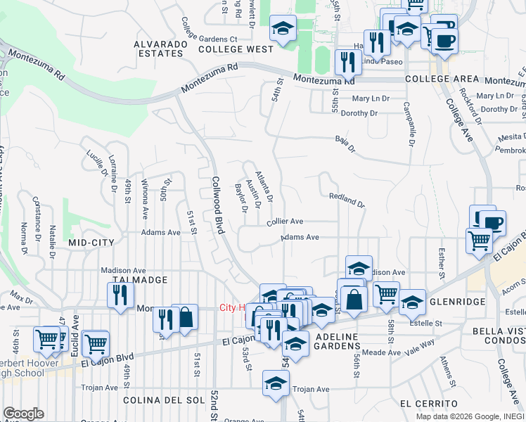 map of restaurants, bars, coffee shops, grocery stores, and more near 4750 Austin Drive in San Diego