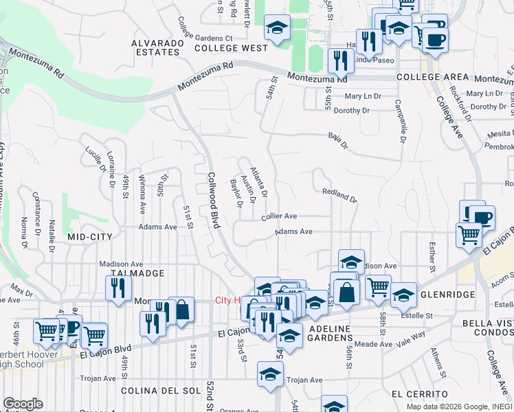 map of restaurants, bars, coffee shops, grocery stores, and more near 4750 Austin Drive in San Diego