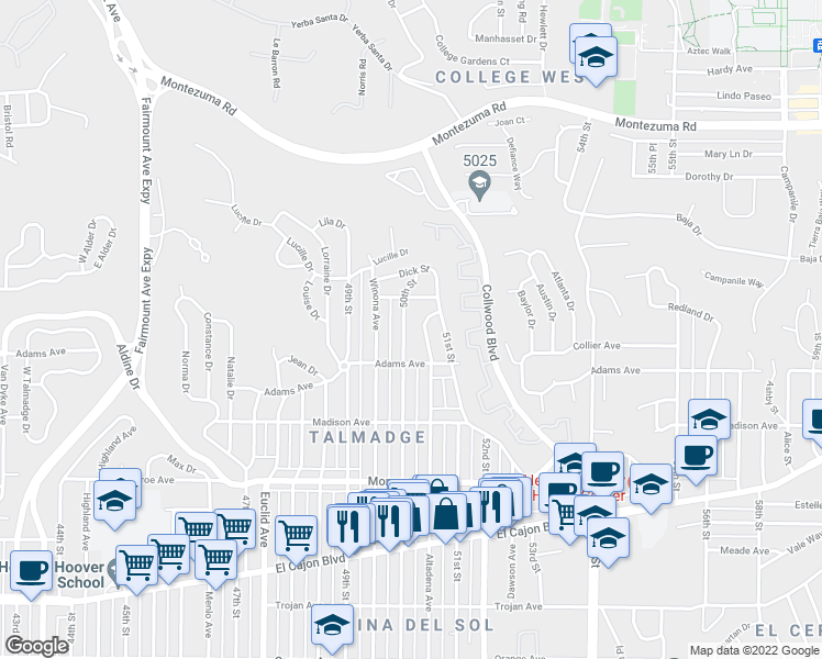 map of restaurants, bars, coffee shops, grocery stores, and more near 4770 50th Street in San Diego