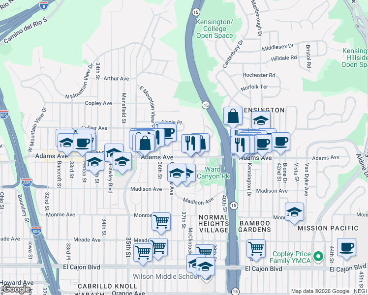 map of restaurants, bars, coffee shops, grocery stores, and more near 3819 Belmont Avenue in San Diego
