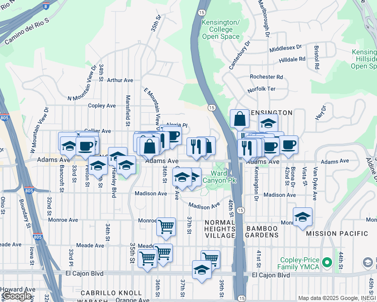 map of restaurants, bars, coffee shops, grocery stores, and more near 3819 Belmont Avenue in San Diego