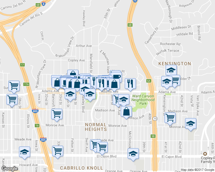 map of restaurants, bars, coffee shops, grocery stores, and more near 4760 36th Street in San Diego