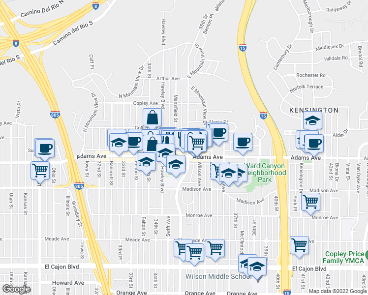 map of restaurants, bars, coffee shops, grocery stores, and more near 4753 35th Street in San Diego